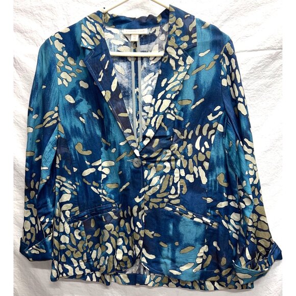 Coldwater Creek Women's Blue and Beige One Button Blazer PM Cuffed Sleeve - Picture 1 of 3